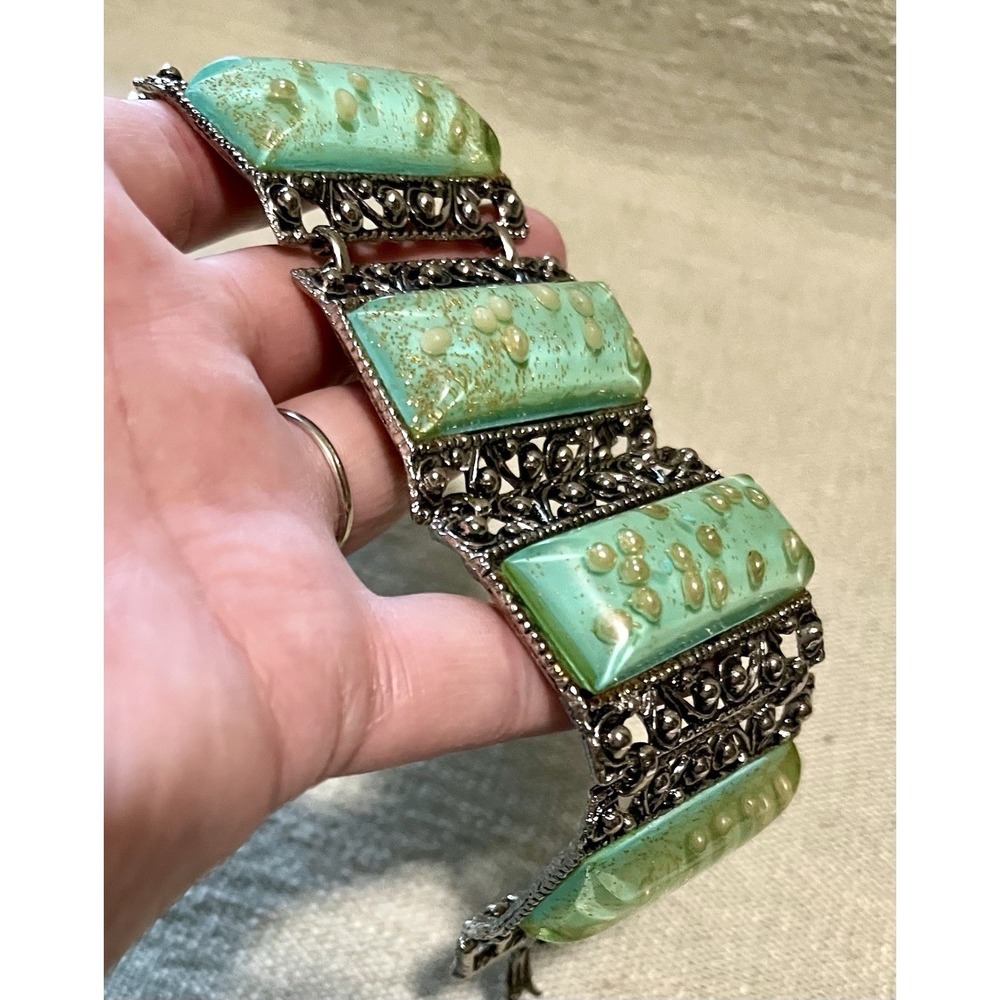 Vintage Silver Tone Filigree Panel Bracelet Green Resin Faux Pearl Gold Fleck